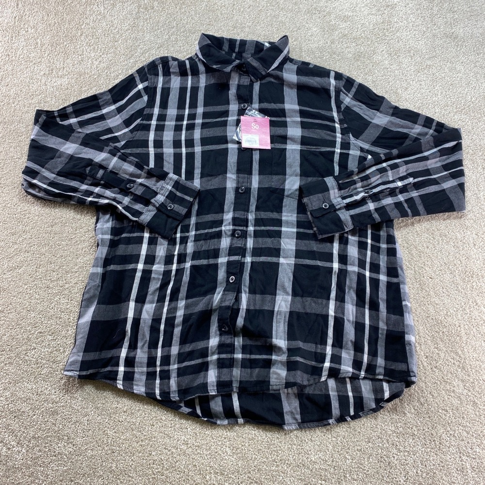 SO Favorite Shirt Womens XL Black Grey Plaid Flannel Button Up Long Sleeve NWT